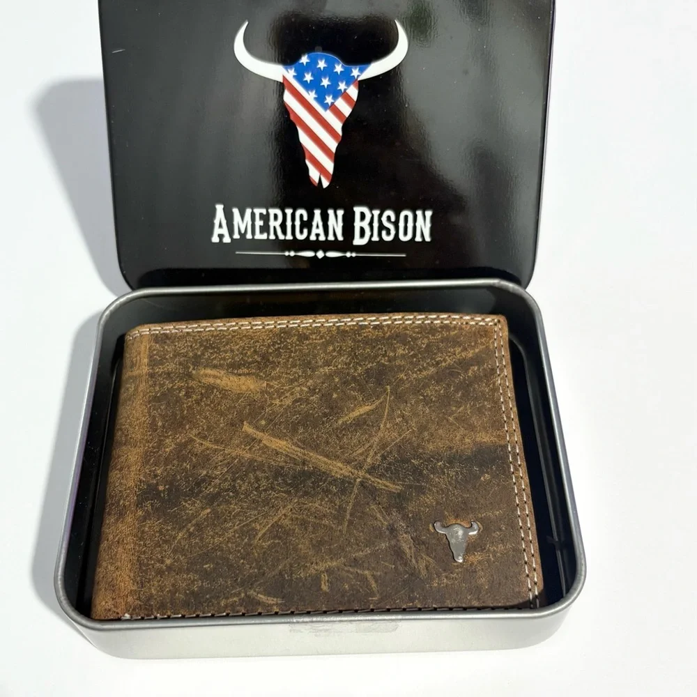 American Bison Men's Bifold Brown Leather Wallet New In Box